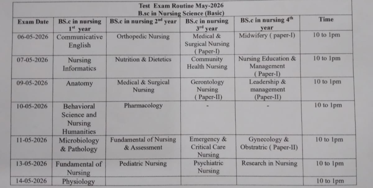 B.Sc in nursing (Basic)Notice Regarding 1st,2nd,3rd & 4th year test examination May,2026