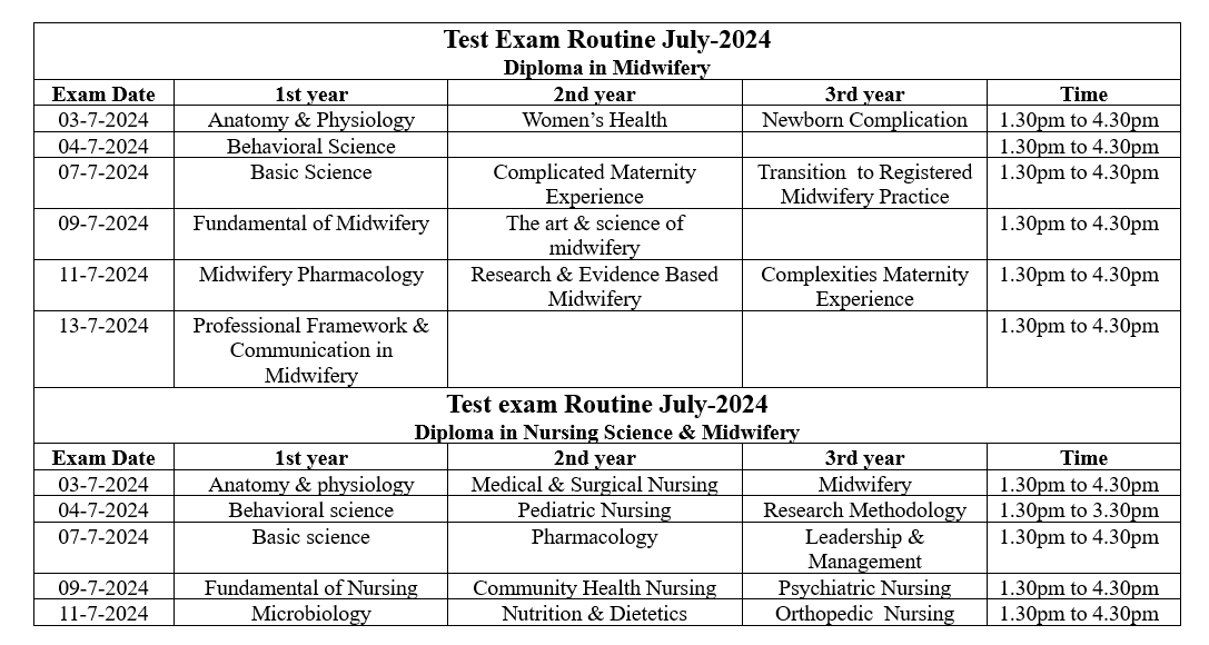 (DM & DN) Test Examination routine for (1st,2nd & 3rd years)