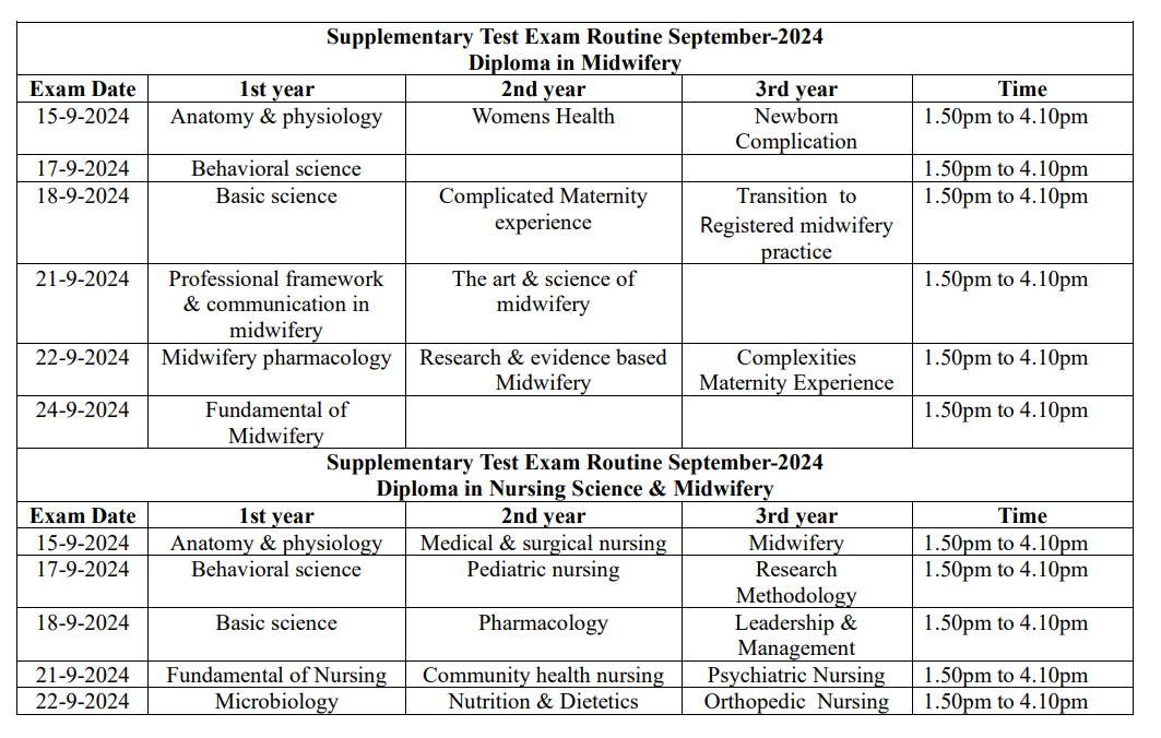 (DM & DN) Supplementary Test Examination Routine for (1st,2nd & 3rd years)