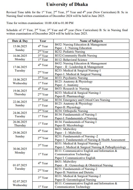 Bsc in Nursing(1st,2nd&3rd year) DU final Exam Routine