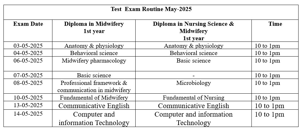 (DM, DN, BSc) Test Exam Routine- 1st,2nd,3rd & 4th year